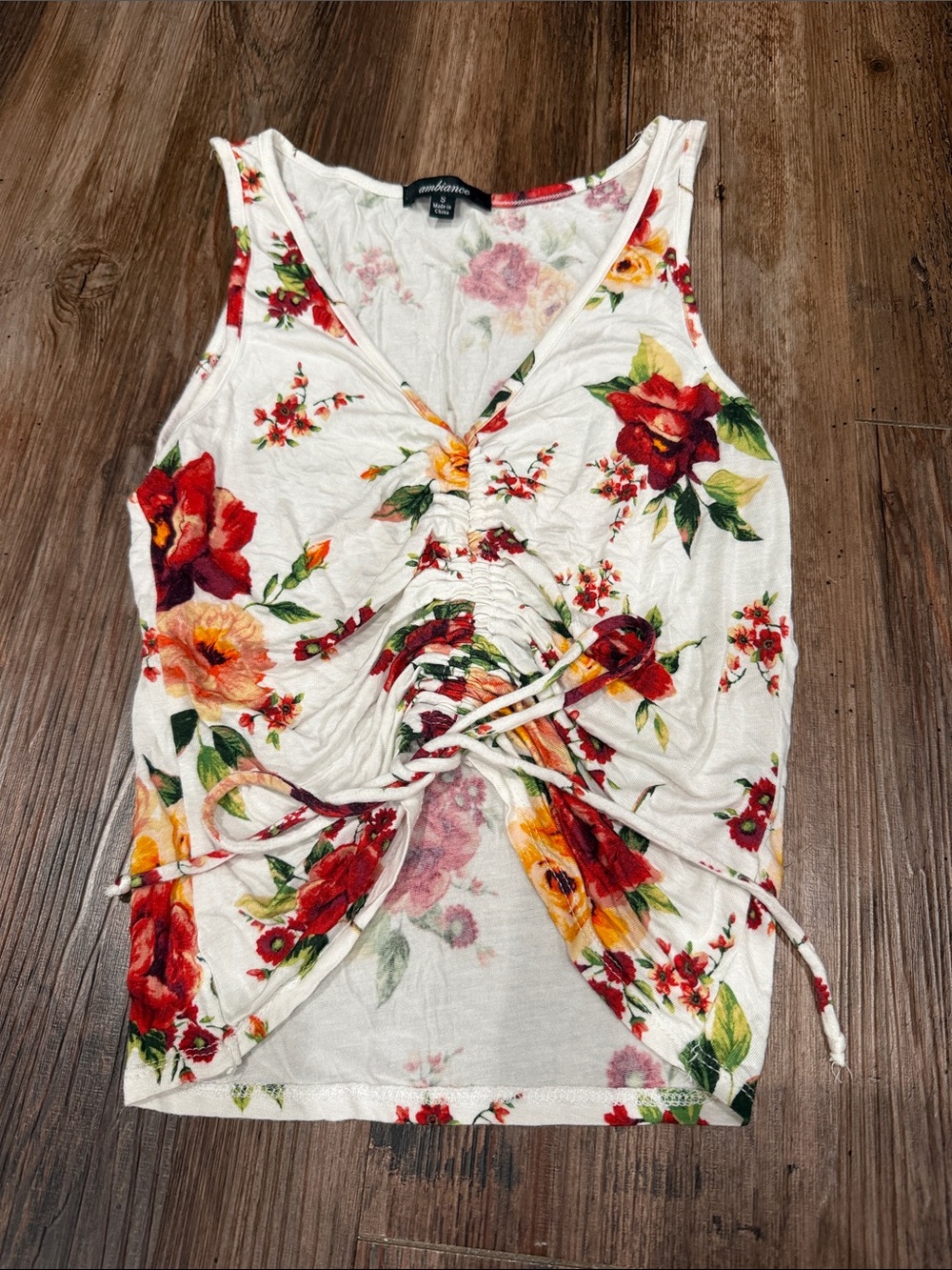 Ambrielle Cream Floral Ruched V-Neck Tank with Red & Yellow Blooms